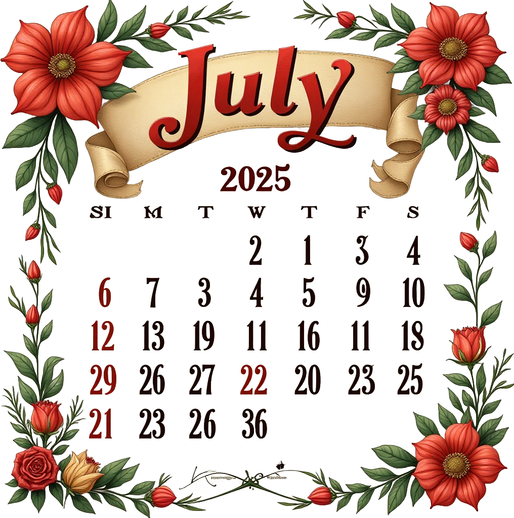 July 2025 Calendar with Floral Design